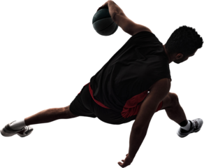 Silhouette of young man, basketball player in motion, training, playing, dribbling ball isolated on transparent background. Concept of professional sport, competition, game, tournament, action
