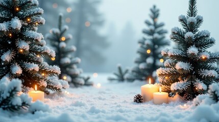 Winter Wonderland Scene Illuminated Evergreens, Glowing Candles, and Fresh Snow Create a Festive Atmosphere