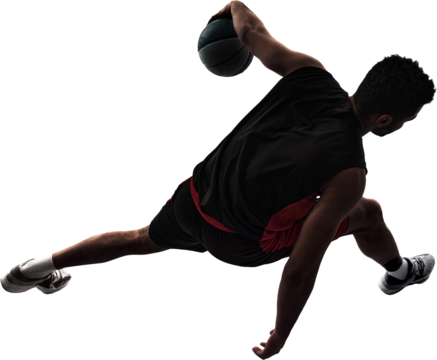 Silhouette of young man, basketball player in motion, training, playing, dribbling ball isolated on transparent background. Concept of professional sport, competition, game, tournament, action