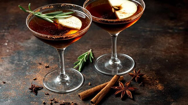 Creative cocktail preparation featuring apple, spices, and fresh herbs in an elegant setting