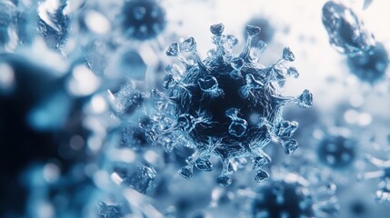 Close-up of virus structure in vivid blue with intricate details.