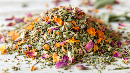 petals mixed with crushed herbs, forming a colorful and aromatic texture 