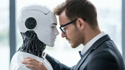 Businessman engaging with ai-powered robot modern office technology concept innovative environment close-up view