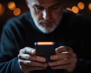 Senior man using phone at night