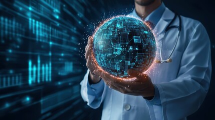 Telemedicine revolution doctor holding medical globe icon in digital environment future of healthcare
