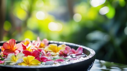 Vibrant water bowl with tropical flowers and floating petals, symbolizing serenity and renewal.