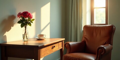 Fototapeta premium Sunlit Relaxation A Wooden Table with Roses and a Coffee Cup Beside a Leather Armchair in a Room with Soft Light