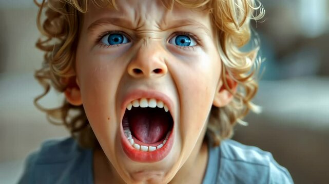 close-up of an aggressive child showing frustration