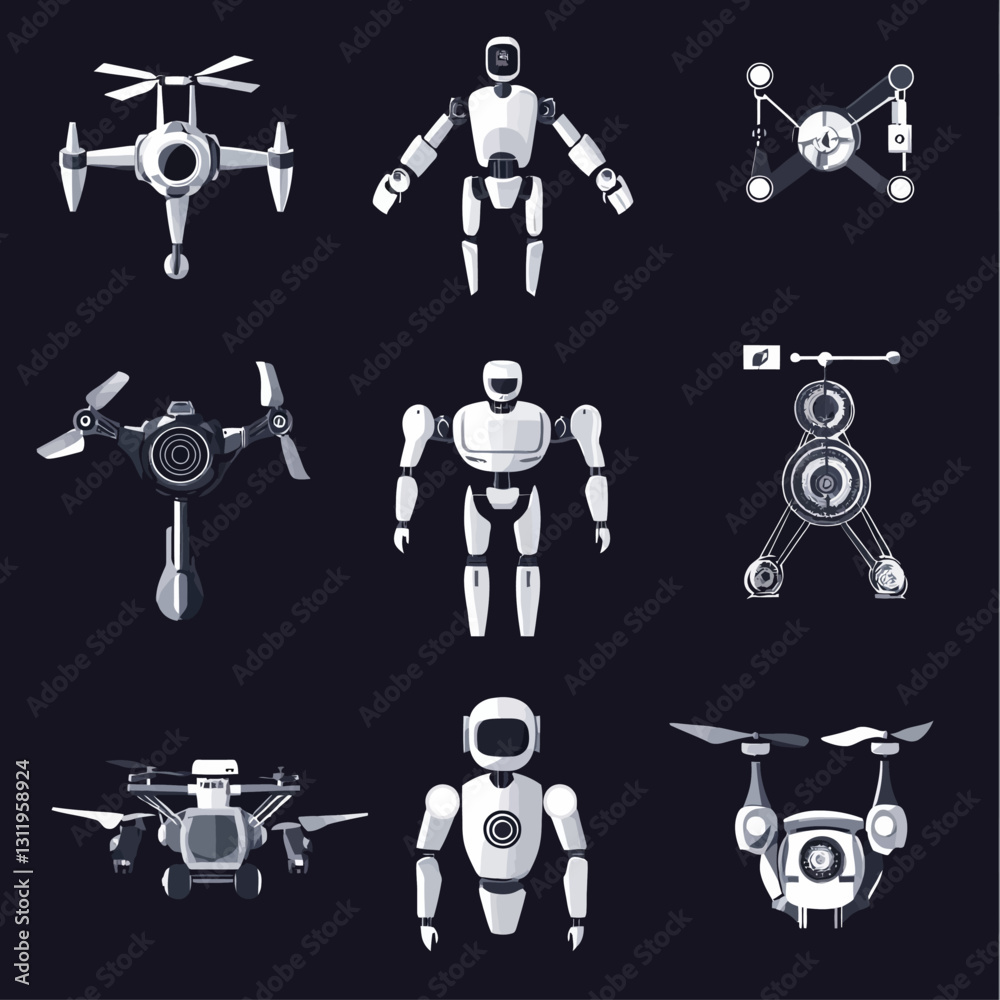 Poster assorted robots and drones on dark background showcasing future tech