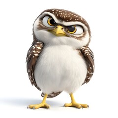 Fototapeta premium Grumpy Cartoon Owl with Brown and White Plumage on White Background