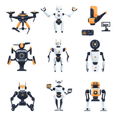 Diverse collection of modern robots and drone technology in flat vector art