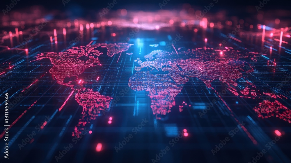 Poster digital world map with glowing lines and data streams