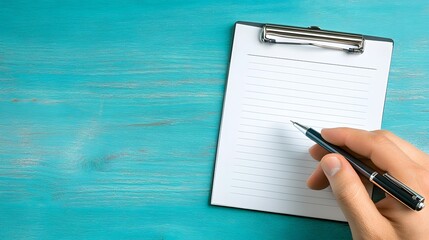 Hand Writing on Dotted Notepad on Teal Wooden Background
