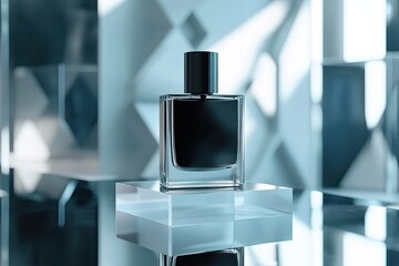 Elegant Black Perfume Bottle on a Clear Acrylic Display Stand in a Modern Setting with Blue Geometric Background