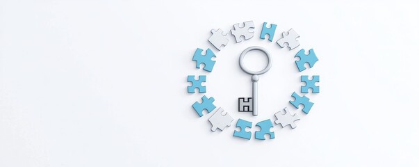 Fototapeta premium A key surrounded by puzzle pieces, symbolizing problem-solving and unlocking potential.