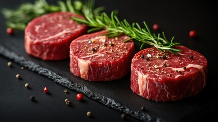 Fresh, raw ribeye steaks on slate