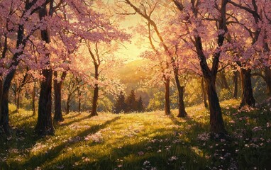 Fototapeta premium A beautiful spring evening with soft, warm sunlight filtering through budding trees, casting a peaceful glow on the landscape