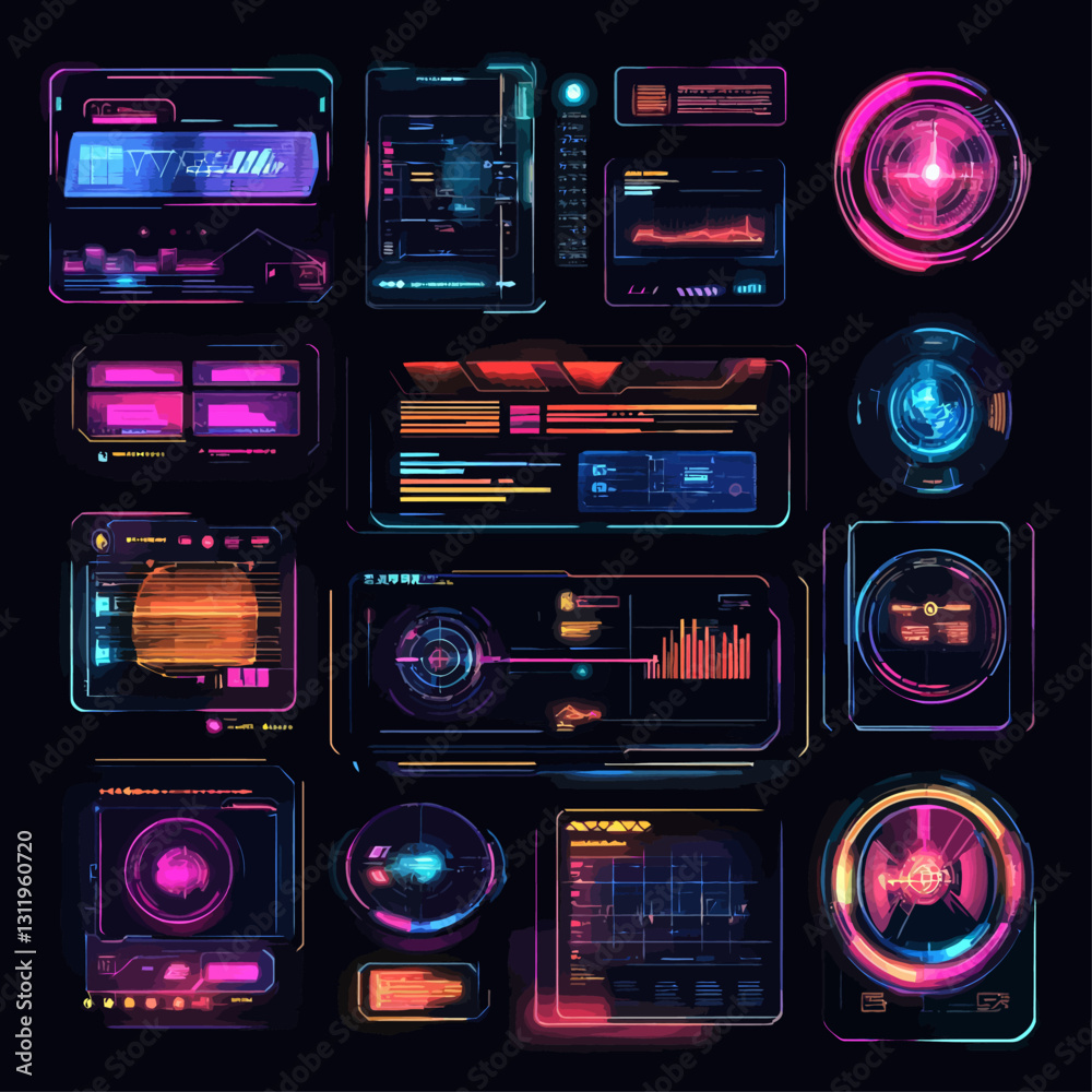 Poster neon tech interface hud elements display panel screen user interface