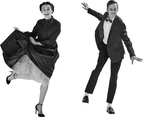 Elegant young people, man and woman in elegant clothes dancing lindy hop isolated on transparent background. Concept of hobby, retro dance, vintage style, choreography, beauty. Monochrome art. Ad
