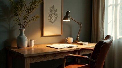 Fototapeta premium A peaceful workspace with a wooden desk, leather chair, open notebook, and warm lighting.