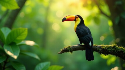 Obraz premium A Vibrant Toucan Perched on a Mossy Branch in a Lush, Sun-Dappled Rainforest