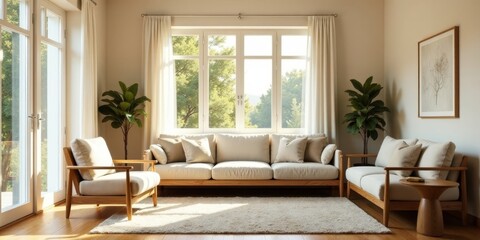 Sunlit Living Room with Natural Wood Furniture and Neutral Decor