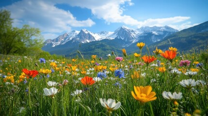 A vibrant field of wildflowers stretches beneath majestic mountains. Blue skies adorned with white clouds reflect golden sunlight on hues of orange and yellow blooms