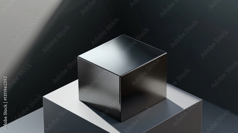 Fototapete Minimalist 3D rendering of a gray cube on a black background with high contrast lighting. Geometric shape with clean lines and static composition, emphasizing depth and shadow in a modern abstract sty