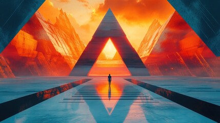 A solitary figure stands before a massive triangular gateway bathed in the warm glow of a fiery sunset, surrounded by imposing futuristic structures and reflecting on a smooth surface