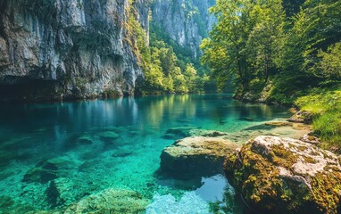 A clear turquoise lake surrounded by rugged cliffs and green forests