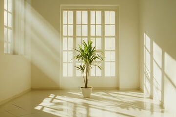 Sunlit room with potted plant.