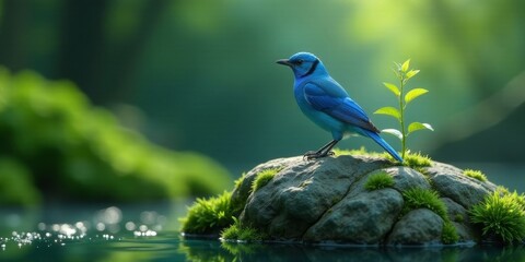 A vibrant blue bird serenely perched on a moss-covered rock, a tiny sprout emerging nearby, reflecting in the tranquil water, a scene of peaceful coexistence in nature's embrace.