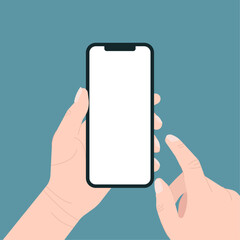 Hand holding smartphone, phone with blank display, phone mock up, application on touch screen device. Flat vector illustration