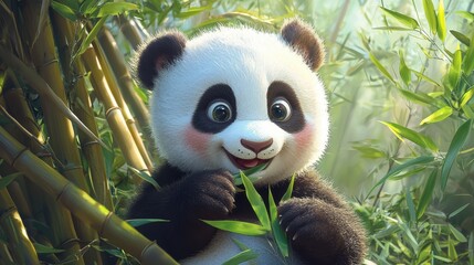 A close-up of a baby panda nibbling on bamboo in a peaceful bamboo forest