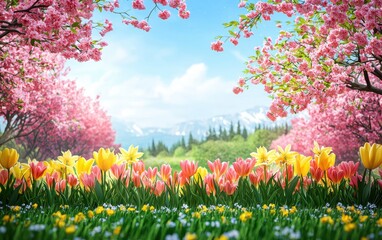 Fototapeta premium A blooming spring garden with colorful tulips, daffodils, and cherry blossoms