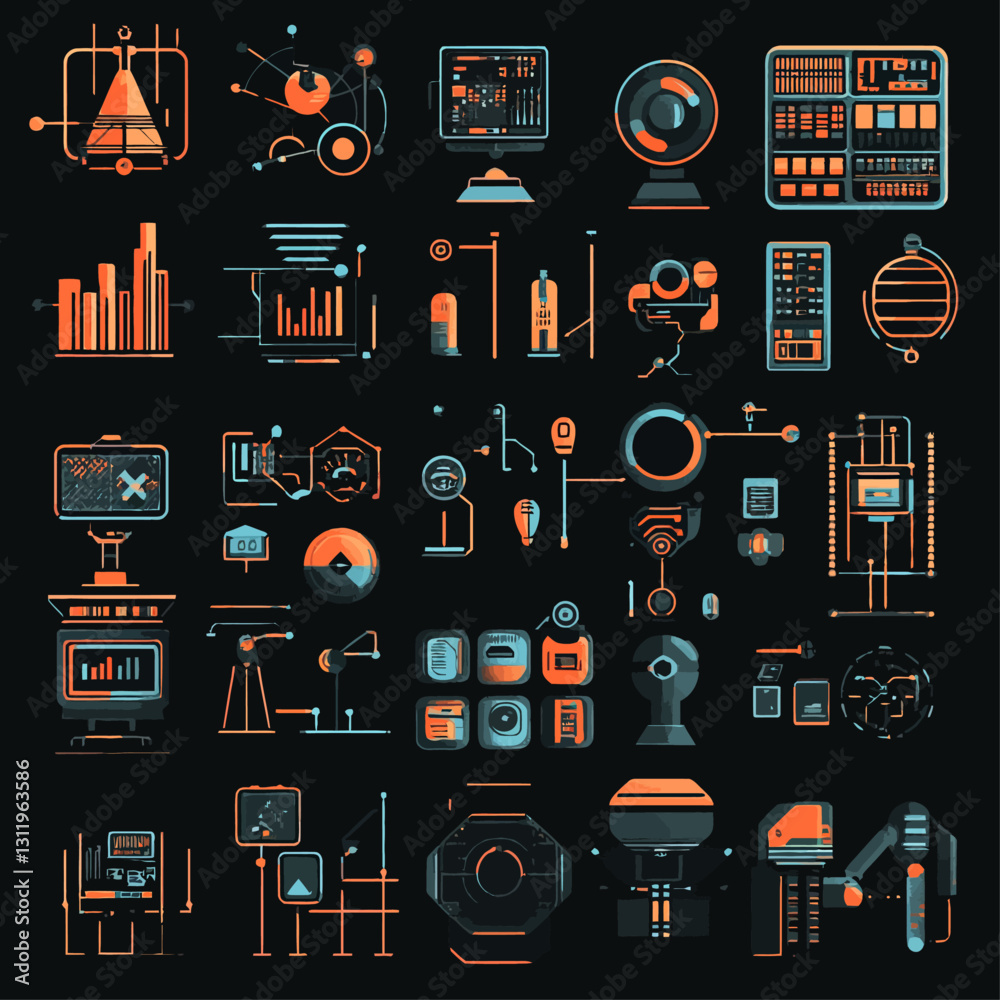Poster abstract tech interface with data charts and network connections