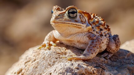 Obraz premium A close-up of a horned toad sitting on a rock in the desert, blending seamlessly with the arid environment