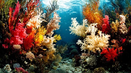 Fototapeta premium Vibrant Underwater Scene with Colorful Corals and Marine Life