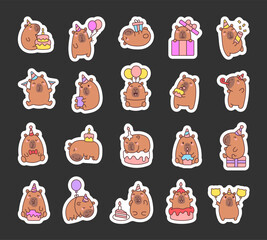 Adorable capybara birthday set featuring cute characters with party hat, cake, balloons, gift, confetti, candle, greeting cards, and festive accessories in various joyful poses