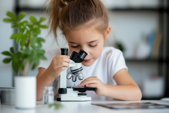 Close-up of a girl adjusting a microscope, exploring the details of a plant sample in a science class.