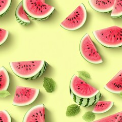 Seamless Refreshing watermelon slices garnished with fresh mint leaves on a rustic table creating a perfect summer snack