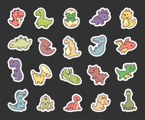 Adorable dinosaur character set featuring cute kawaii prehistoric reptiles in various poses and emotions, including hatching, flying, roaring, and resting in a charming jurassic world