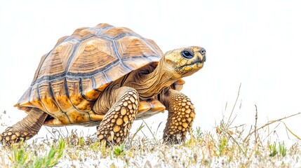 Fototapeta premium Detailed Close-Up of a Tortois Walking on Grass in Soft Light