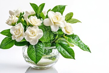 Vase decorate Gardenia flowers rainy season green room isolated on white 