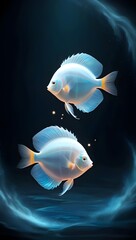 Luminous discus fish glide in a surreal, glowing abyss, surrounded by ethereal light and nebula-like particles.