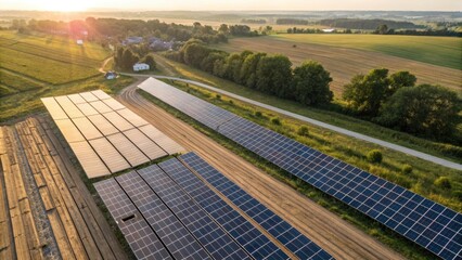 Aerial Double Exposure of Solar Power with Wooden Texture and Product Set in Dutch Angle for Creative Copy Space Design