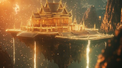 A golden palace suspended above the Milky Way