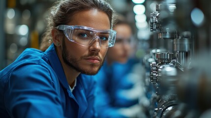 Scientist in safety goggles analyzing equipment in a laboratory setting with machinery in background