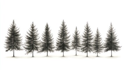 Obraz premium Row of dark pine trees on white background. Possible use nature, forest, landscape, graphic design