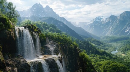 Fototapeta premium Majestic Waterfall Cascading Through Verdant Mountains and Serene Valley